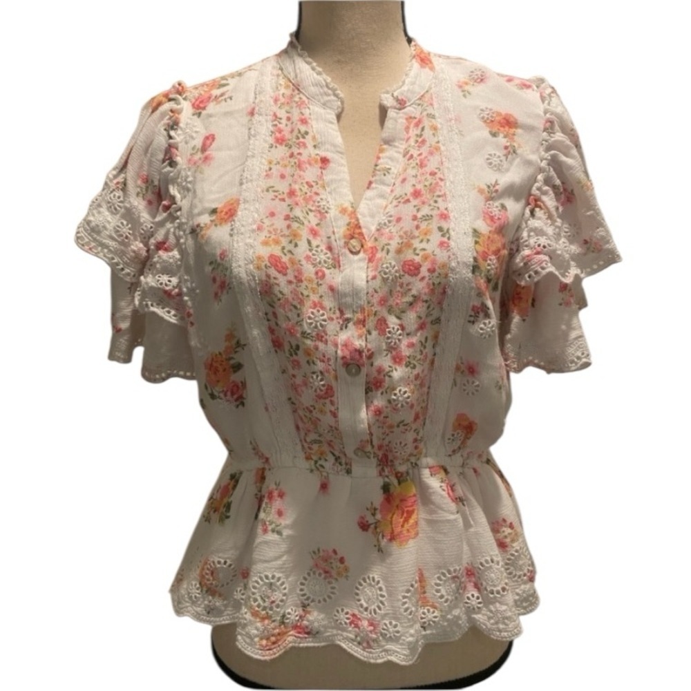 River Island Women’s Short Sleeve Ruffled Feminine Lace Top size M/L